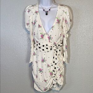 For Love And Lemons White Faux Wrap Floral Mini Dress with Plunge Neckline